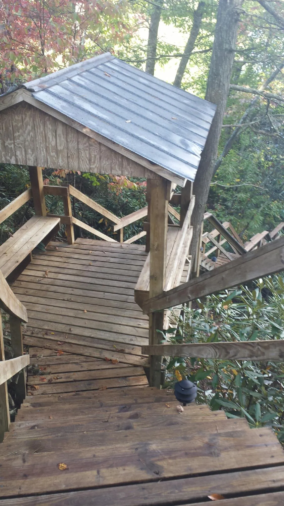 Metal roofed shelter over wooden steps on a wooded walkway — Skylight Repair & Installation work by our crew in Pillsbury